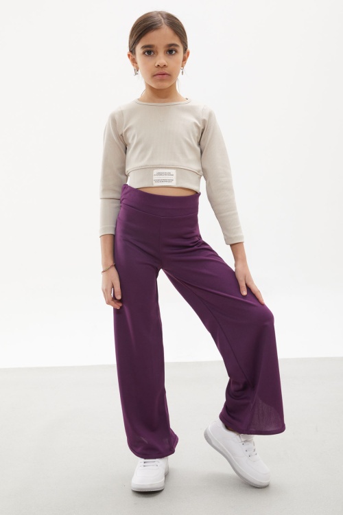 Mor Yırtmaçlı Paça Kuşaklı Viskon Kumaş Kız Pantolon 18104