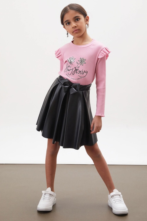 Pembe Çiçek Baskılı Badili Deri Etekli Kız Çocuk Takım 18009