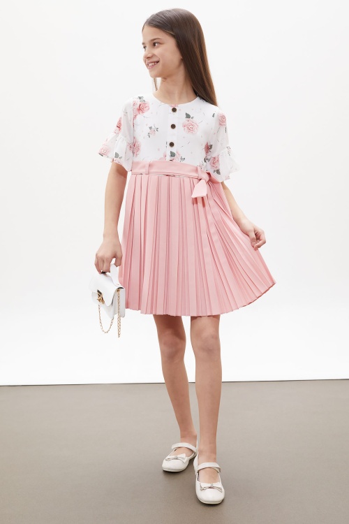 Pembe Gül Desenli Kısa Kollu Çantalı Kız Çocuk Pileli Elbise 18258