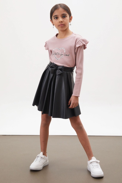 Pembe Kalp Baskılı Payetli Badili Kız Çocuk Deri Etekli Takım 18025