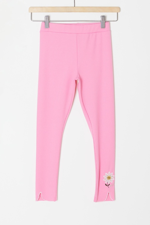 Pembe Papatya Nakışlı Fitilli Kız Çocuk Yırtmaçlı Tayt 18142