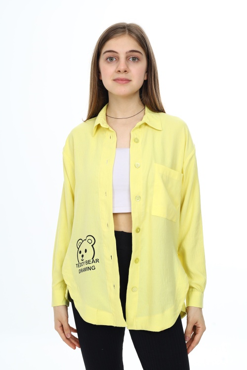 Sarı Ayıcık Baskılı Yırtmaçlı Kız Çocuk Düğmeli Gömlek 18419