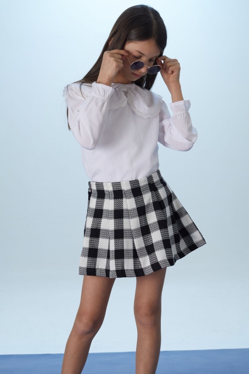 Siyah Kare Desenli Şort Etekli Fiyonklu Gömlekli Kız Çocuk Takım 18400