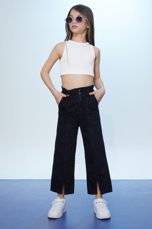 Siyah Yüksek Bel Yırtmaçlı Paçası Fiyonklu Kız Çocuk Jean Pantolon 18364