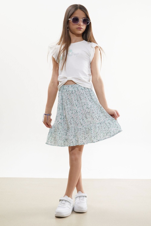 Yeşil Çiçek Desenli Etekli Baskılı Tişörtlü Kız Çocuk Takım 18501