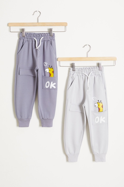 Zürafa Baskılı Cep Detaylı Erkek Çocuk 2li Eşofman Altı Gri-Mavi 18386