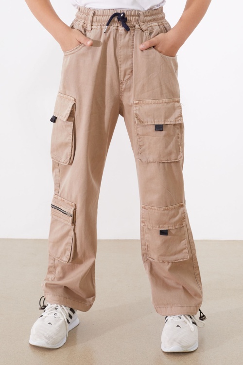 Bej Kargo Cepli Paçası Lastikli Erkek Çocuk Jean Pantolon 18537