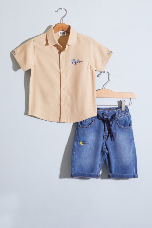 Bej Yazı Baskılı Gömlekli Jean Şortlu Erkek Çocuk Takım 18965