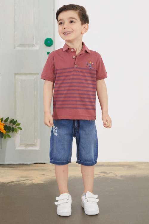 Bordo Çizgili Polo Yaka Tişörtlü Jean Şortlu Erkek Çocuk Takım 18749
