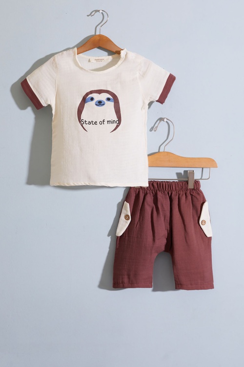 Bordo Hayvan Baskılı Şortlu Erkek Bebek Müslin Takım 18820