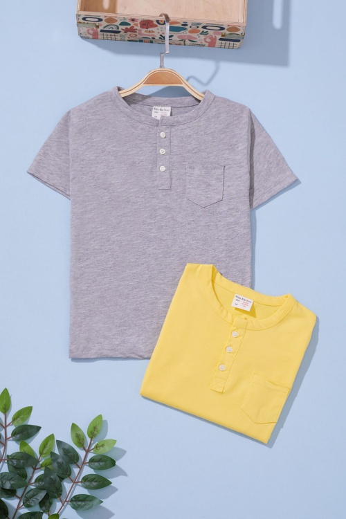 Erkek Bebek Düğmeli Yakalı 2li Kısa Kol Tişört Gri-Sarı 19093