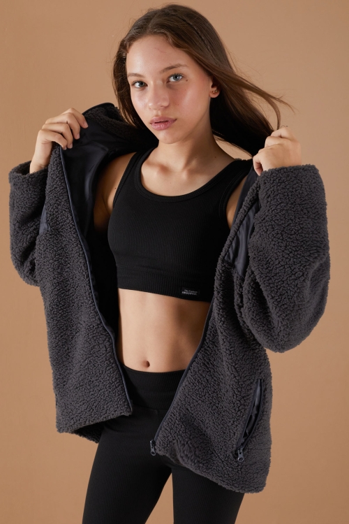 Füme Göğüs Cepli Kapüşonlu Kız Çocuk Peluş Hırka 19500