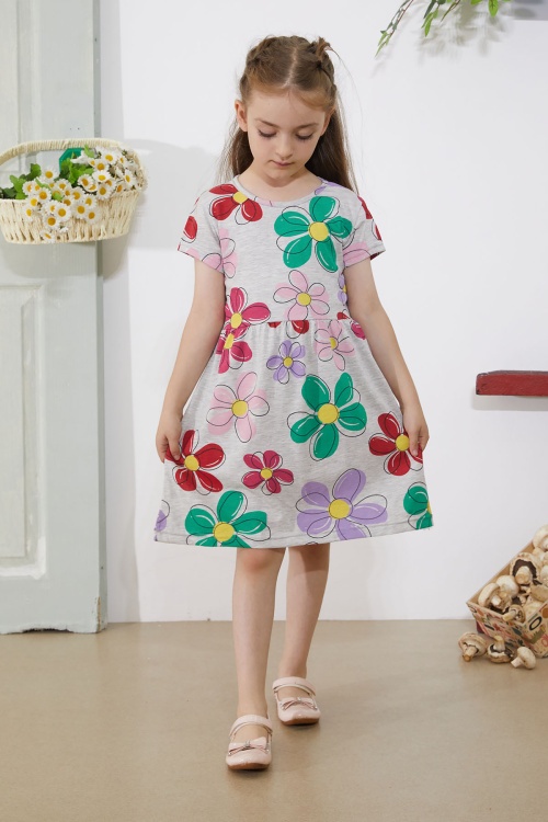 Gri Çiçek Baskılı Kısa Kollu Kız Çocuk Elbise 18796