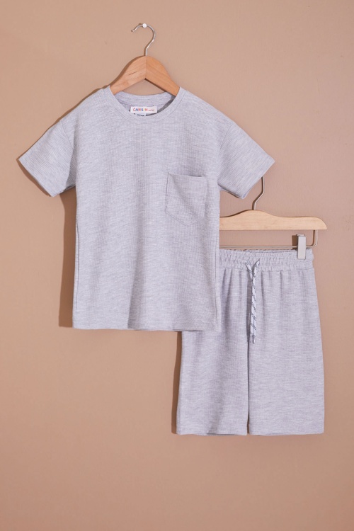 Gri Erkek Çocuk Waffle Şortlu Takım 19095