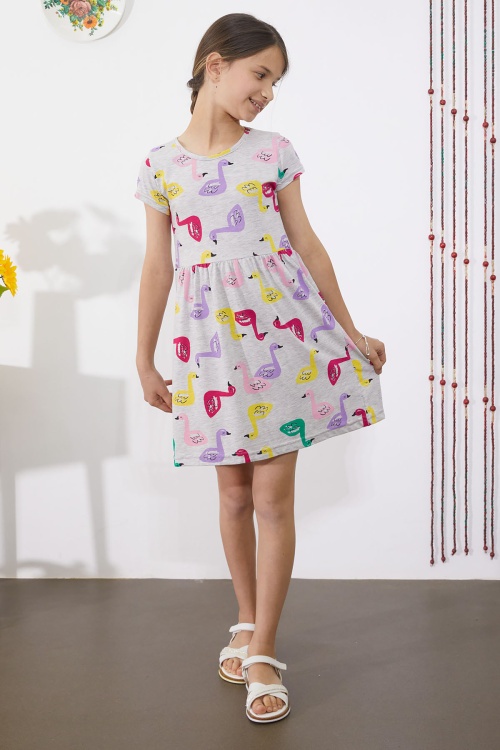 Gri Kuğu Baskılı Kısa Kollu Kız Çocuk Yazlık Elbise