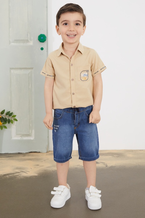 Kahve Yazılı Kısa Kol Gömlekli Jean Şortlu Erkek Çocuk Takım 18760