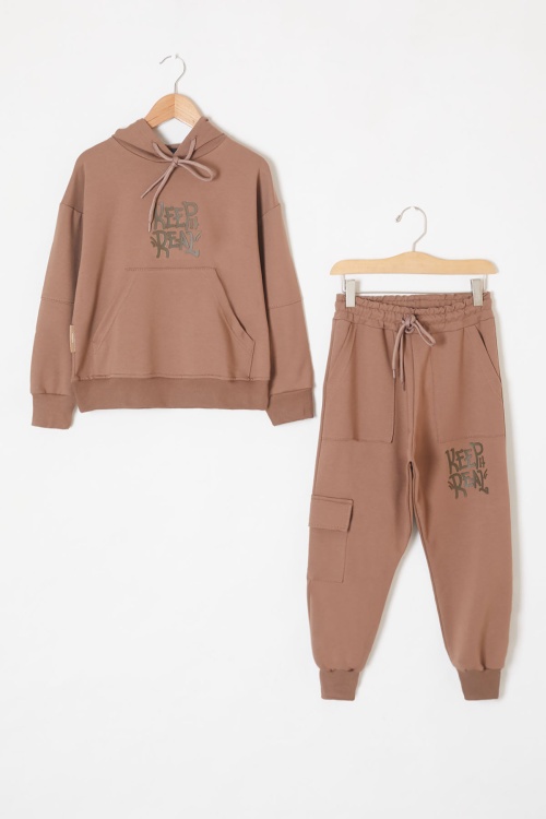 Kahverengi Keep Read Yazılı Erkek Çocuk Kapüşonlu Takım 19314