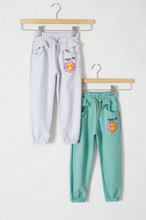 Kız Çocuk Papatya Baskılı Beli Lastikli 2li Eşofman Altı Gri-Yeşil 18395