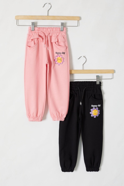 Kız Çocuk Papatya Baskılı Beli Lastikli 2li Eşofman Altı Siyah-Pembe 18397