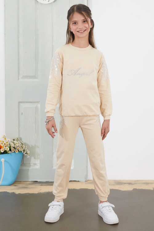 Krem Angel Nakışlı Payetli Kız Çocuk Eşofman Takımı 18579