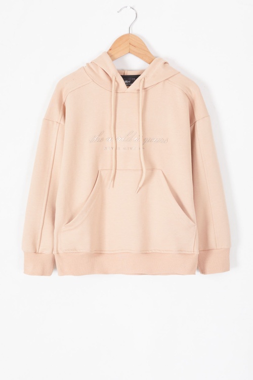 Krem Göğüs Yazılı Kanguru Cepli Kapüşonlu Erkek Çocuk Sweatshirt 19340