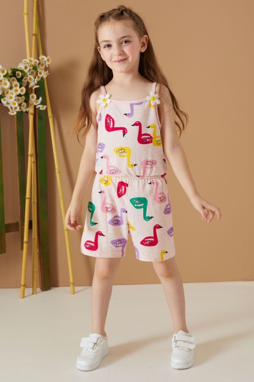 Krem Kuğu Baskılı Yazlık Kız Çocuk Şort Tulum