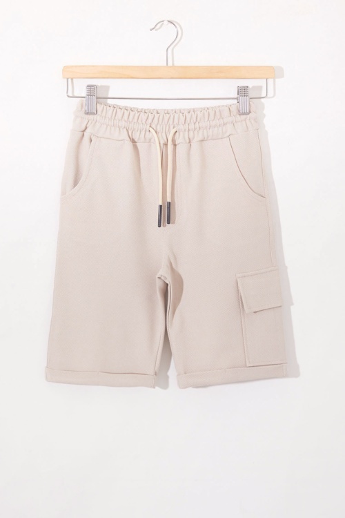 Krem Tek Kargo Cepli Erkek Çocuk Düz Şort 18807