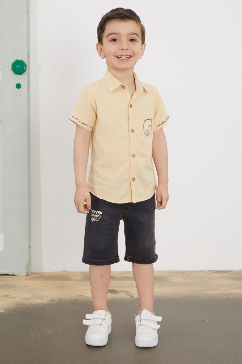 Krem Yazılı Kısa Kol Gömlekli Jean Şortlu Erkek Çocuk Takım 18759