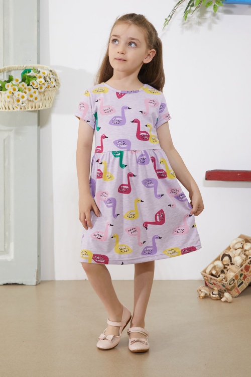 Lila Kuğu Baskılı Kısa Kollu Kız Çocuk Yazlık Elbise