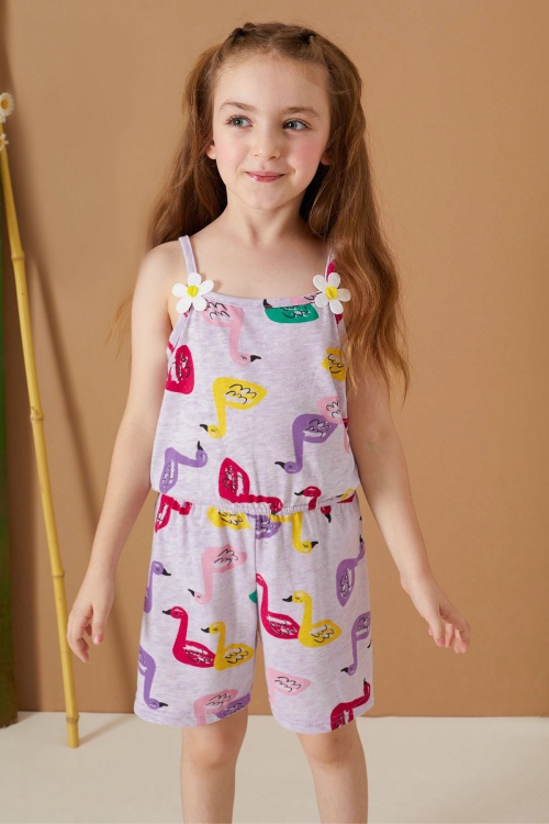 Lila Kuğu Baskılı Yazlık Kız Çocuk Şort Tulum