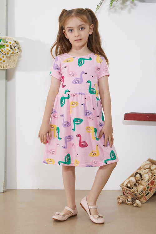 Pembe Kuğu Baskılı Kısa Kollu Kız Çocuk Yazlık Elbise
