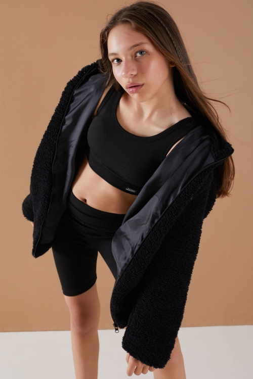 Siyah Göğüs Cepli Kapüşonlu Kız Çocuk Peluş Hırka 19499