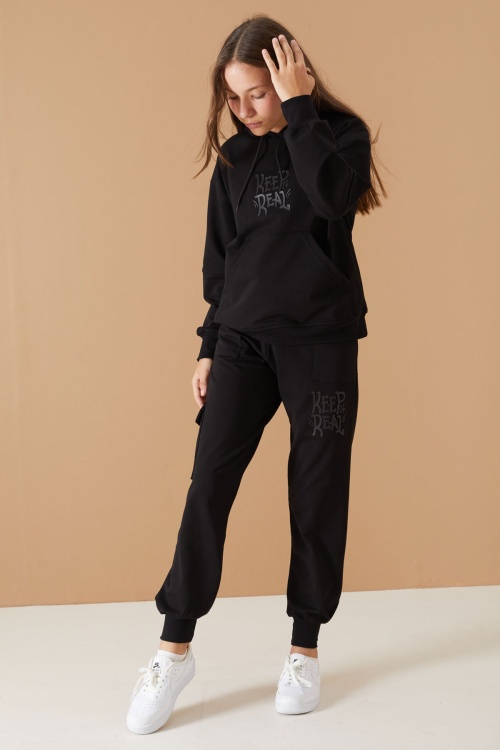 Siyah Keep Read Yazılı Kız Çocuk Kapüşonlu Takım 19313