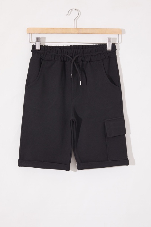 Siyah Tek Kargo Cepli Erkek Çocuk Düz Şort 18806