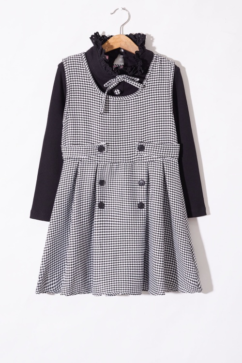 Siyah Uzun Kollu Badili Kazayağı Desenli Kız Çocuk Elbise Takımı 18559