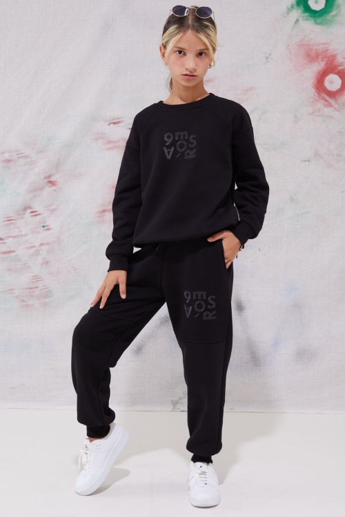 Siyah Yazı Baskılı Bisiklet Yaka Kız Çocuk Şardonlu Eşofman Takımı 19342