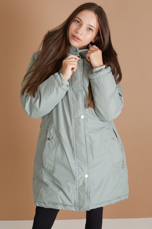 Yeşil Kürklü İçi Astarlı Çıkarılabilir Kapüşonlu Kız Çocuk Mont 19354