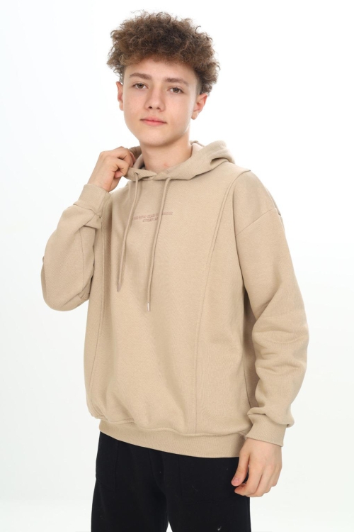 Bej Kabartmalı Yazılı Kapüşonlu Erkek Çocuk Sweatshirt 19305