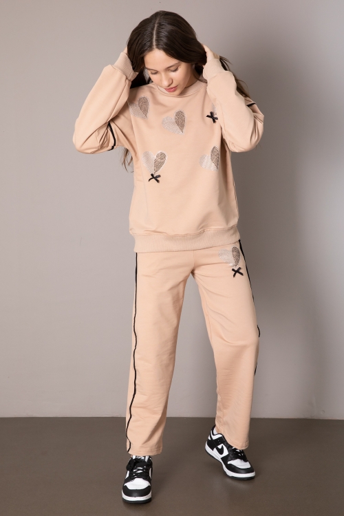 Bej Kız Çocuk Kalp Desenli 2li Takım 19849