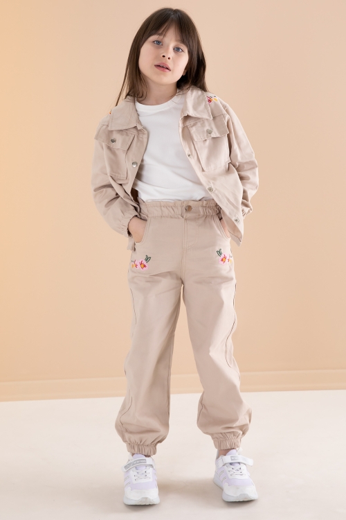 Bej Nakış Detaylı Gömlekli Pantolonlu Kız Çocuk 3lü Takım 20159