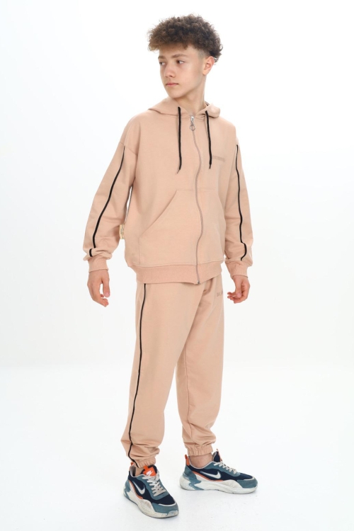 Bej Original Yazılı Hırkalı Erkek Çocuk Eşofman Takımı 19485