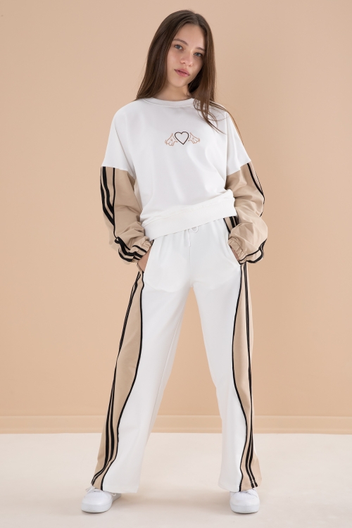 Ekru Yanları Çizgili Kız Çocuk 2li Takım 20103