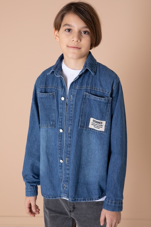 Erkek Çocuk Mavi Armalı Cepli Bisiklet Yaka Tişörtlü Jean Gömlek 20095