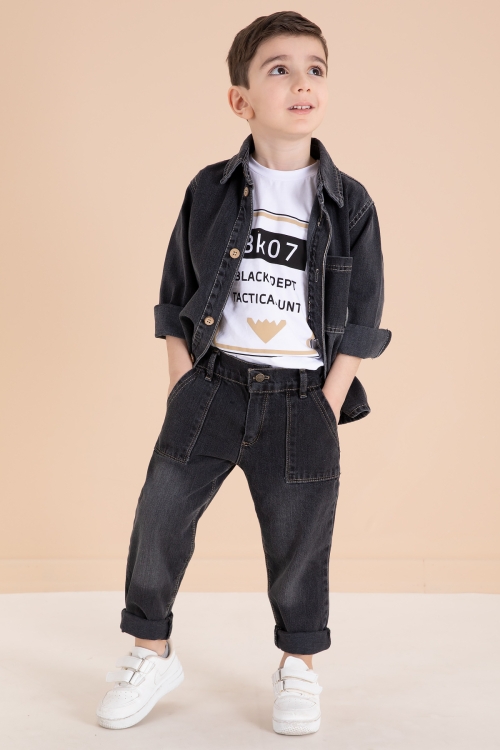 Füme Düğmeli Jean Ceketli Pantolonlu Erkek Çocuk 3lü Takım 20010