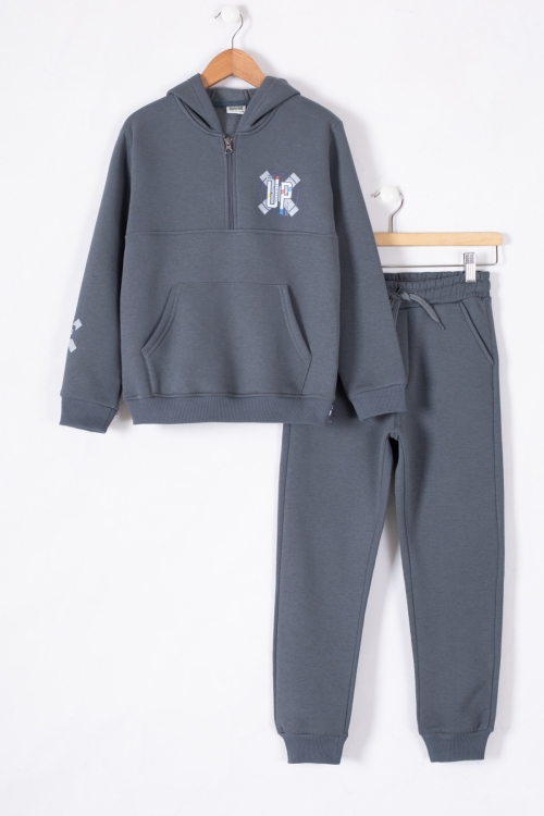 Füme Fermuarlı Yaka Kapüşonlu Erkek Çocuk Şardonlu Eşofman Takımı 19622