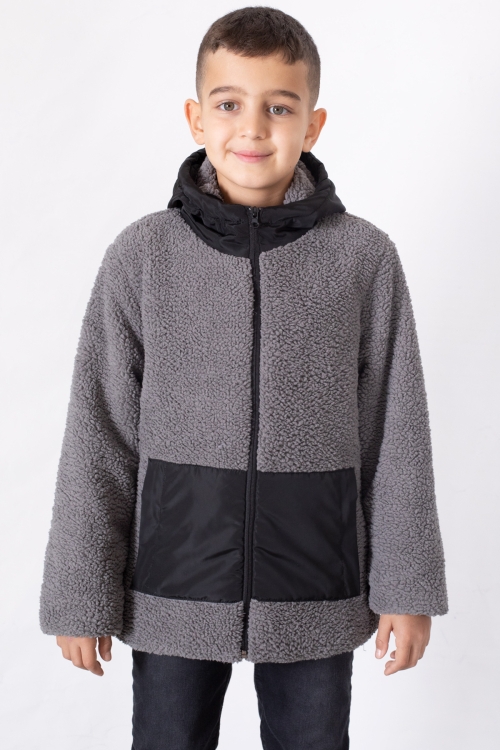 Füme Kanguru Cepli Kapüşonlu Erkek Çocuk Peluş Hırka 19680