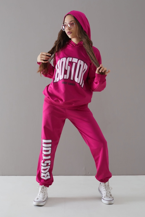 Fuşya Boston Yazılı Kapüşonlu Kız Çocuk Eşofman Takımı 19758