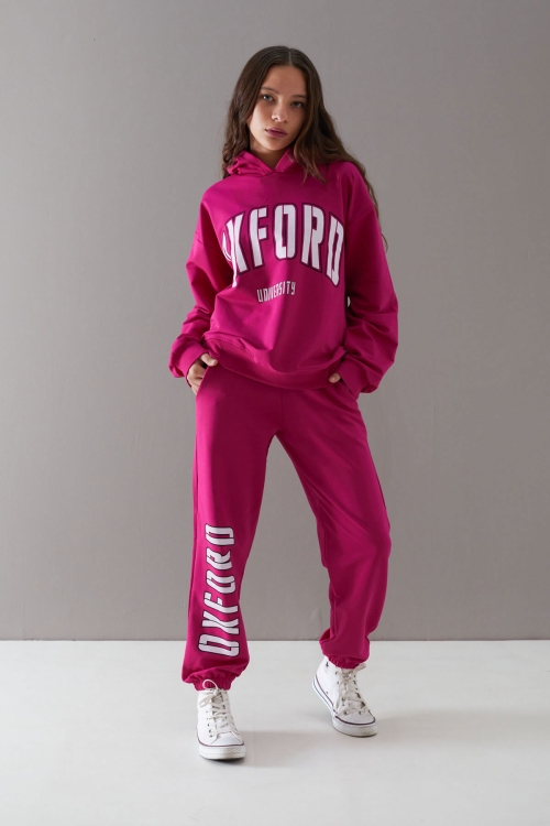 Fuşya Oxford Baskılı Kapüşonlu Kız Çocuk Eşofman Takımı 19755