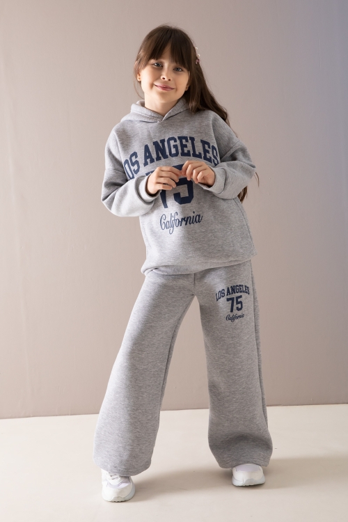 Gri California Baskılı Kapüşonlu Kız Çocuk Eşofman Takımı 19876