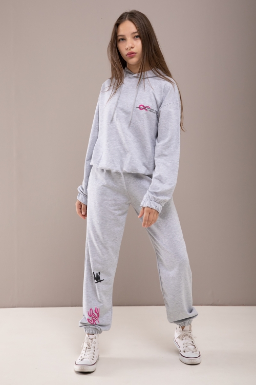 Gri Yazı Baskılı Kapüşonlu Kız Eşofman Takımı 19778